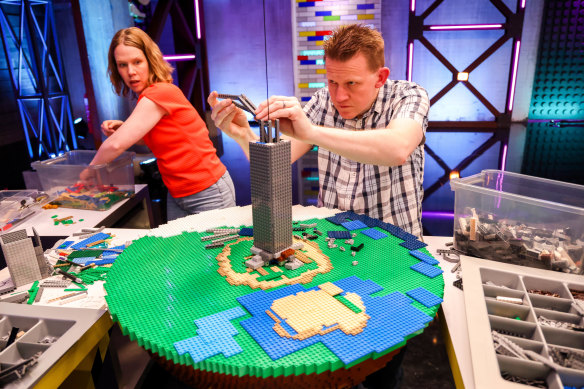  Lego Masters: Grand Masters contestants Gabby and Ryan build their floating Norse mythology tree in episode one. 