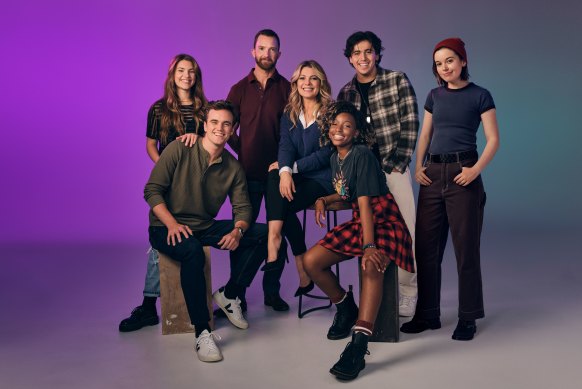 The Australian cast of Jagged Little Pill, from left, Liam Head, Grace Miell,
Tim Draxl, Natalie Bassingthwaighte,
Emily Nkomo, AYDAN and Maggie McKenna.