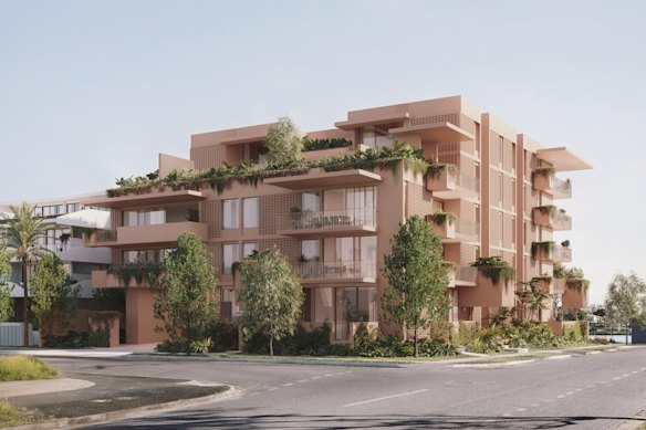 A digital render of the Watts & Wright apartment building, published by developer Spyre.                 