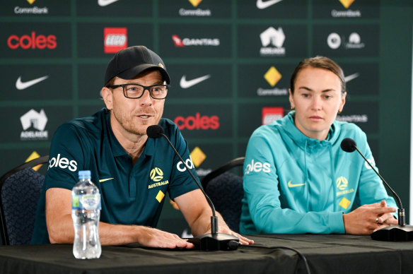 Tony Gustavsson with Matildas star Caitlin Foord at Thursday’s press conference.