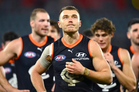 Paddy Cripps looks dejected after the loss against the Brisbane Lions.