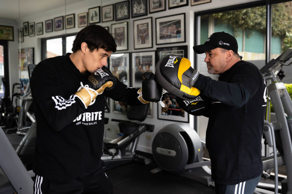 Jeff Fenech trains Brock Jarvis in his home gym in Five Dock, Sydney.