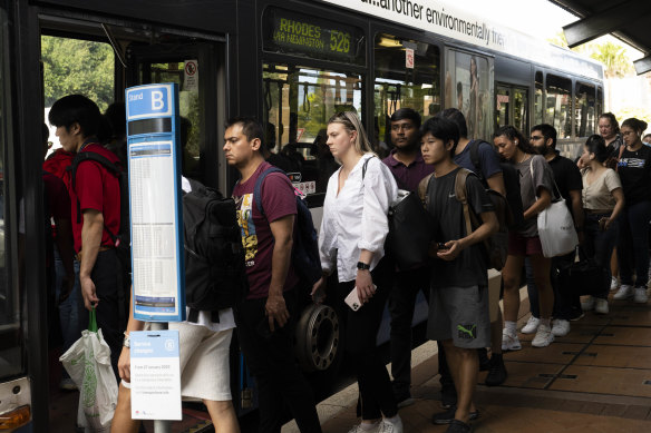 Buses quickly fill up at Strathfield train station. 