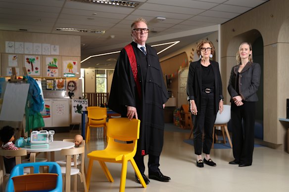 Family Court Chief Justice William Alstergren (left), with the court’s Janet Carmichael (centre) and Hayley Foster, is introducing measures to better cater for children’s needs in the court and wider legal system.