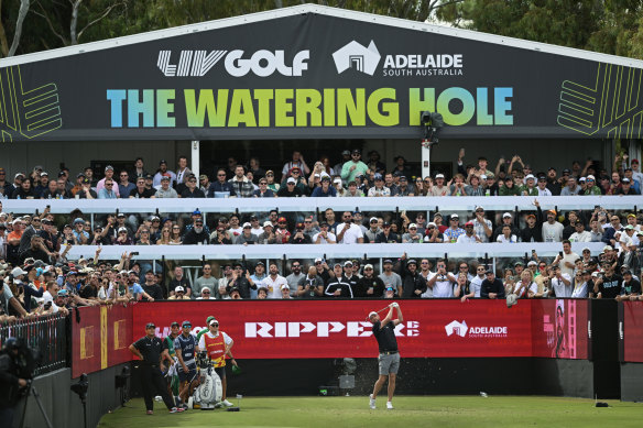 Australian Marc Leishman tees off on the “watering hole” on Saturday.