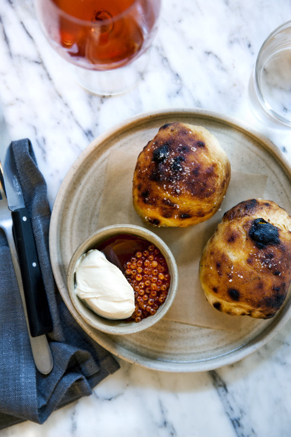 Nigella Lawson approved fermented potato bread with trout roe, kefir cream and dashi jelly.