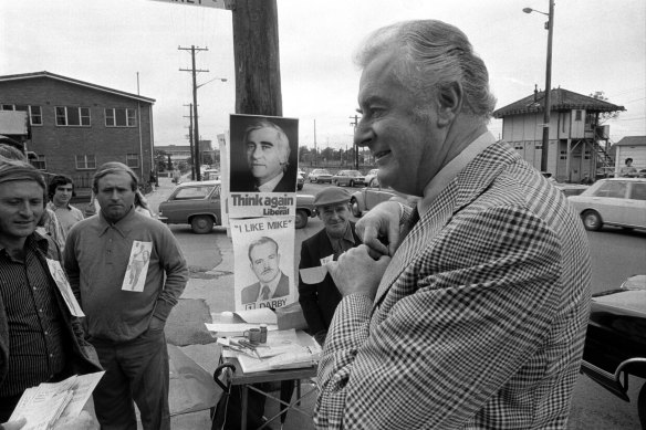 Gough Whitlam tours the Cabramatta and Liverpool districts visiting electoral booths during the 1974 Federal Election on May 18, 1974. 