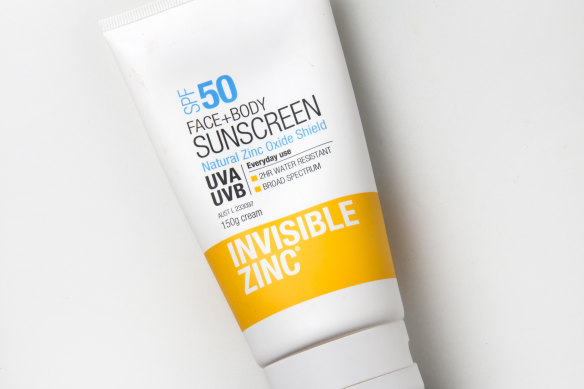 Invisible Zinc Face + Body Mineral Sunscreen SPF50, $23.
