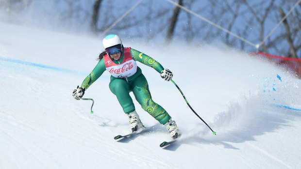 Edged out: Melissa Perrine competes in the women's downhill event.