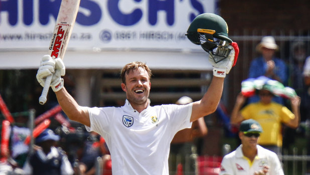 Imperious: AB de Villeirs celebrates his century on the third day in Port Elizabeth.