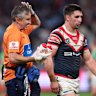 Victor Radley is taken from the field for a head injury assessment in round 13 against the Raiders.