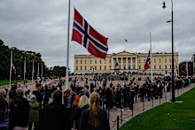 People wait in a line at the Palace Square in Oslo, Norway, Monday, Sept. 7, 2026, to parade past King Harald’s bier
