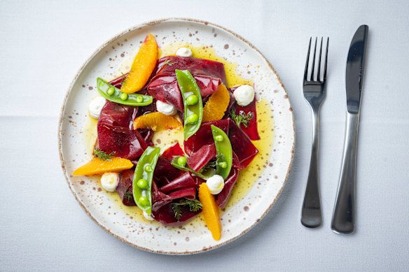 Pantzaria, a salad of beetroot, peas and orange with goat’s curd.
