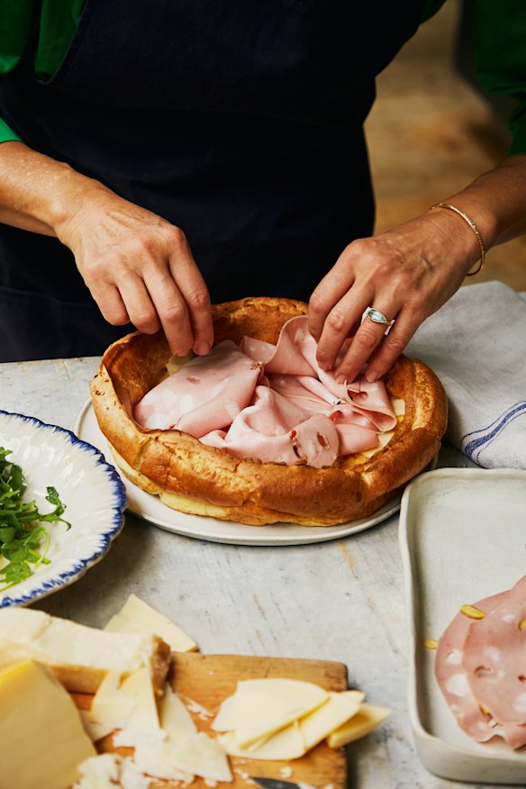 Layer in the cheese, then the mortadella.