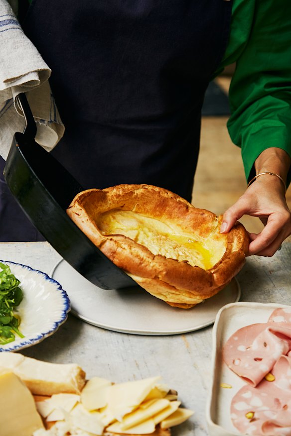 The pancake quickly deflates, so work quickly.