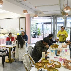 Inside the pink-hued dessert and momo bar.