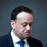 Irish Taoiseach Leo Varadkar reacts as he speaks to the media inside Dublin castle following the referendum on Saturday.