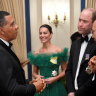 From left, Jamaican Prime Minister Andrew Holness, Catherine - the Duchess of Cambridge - Prince William and Governor-General of Jamaica Patrick Allen speak during a dinner at King’s House in Kingston.