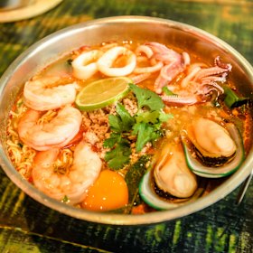 Mama tom yum seafood soup is a generous dish that’s good for groups.