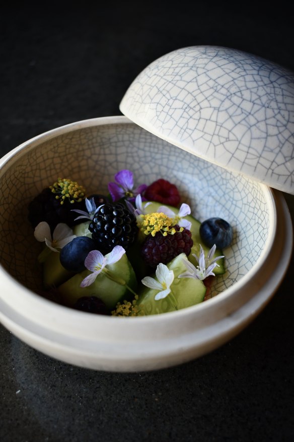 Go-to dish: Sunomono of berries and flowers.