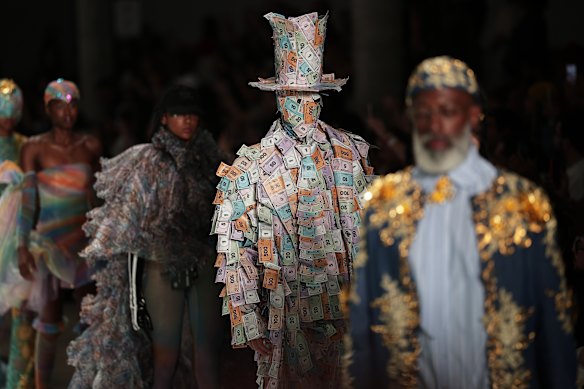 Models wear creations from the Dario Mittmann collection during the Sao Paulo Fashion Week.
