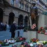 Wreaths lay at the cenotaph in Martin Place on ANZAC day. Sydney.