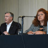 (left to right) Collingwood  President Eddie McGuire, and Collingwood Integrity Committee member Jodie Sizer during a media conference regarding the report that found there has been inadequate responses to racism at the club. 1st February 2021 The Age News Picture by JOE ARMAO