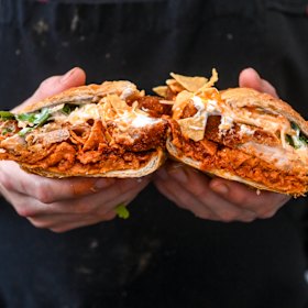 Chicken milanesa (schnitzel) chilaquiles torta.