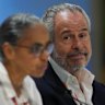 Brazil’s Environment Minister, Marina Silva, left, speaks as COP30 president André Corrêa do Lago listens at a news conference at the COP30.