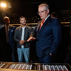 Scott Morrison and Guy Sebastian last year, when the Prime Minister announced an arts rescue package. 