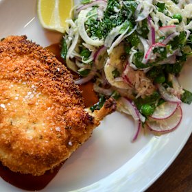 City Wine Room's schnitzel with Italian coleslaw.