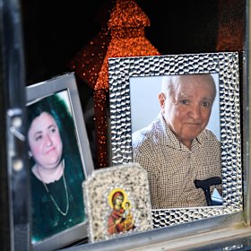 A photo of John Dimitriou at his grave, along with his late wife Voula, at the Northern Memorial Park in Glenroy.