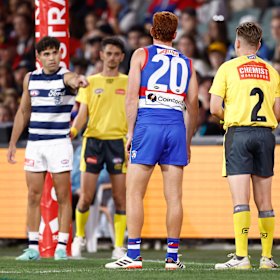 Tyson Stengle lines up his shot for goal after the ball was brought back when the video review awarded him a mark on the goal line.