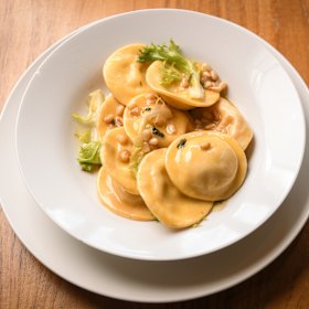 Bottoni with pumpkin, pine nuts, burnt butter and sage.