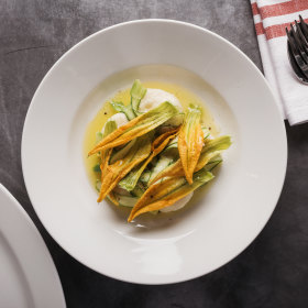Ricotta gnudi with zucchini flowers. 