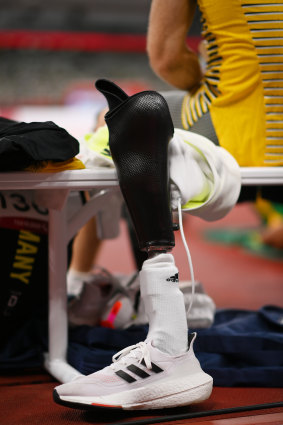 A detailed view of the prosthetic used by Rehm at the Paralympics. Rehm is a prosthetist by profession.