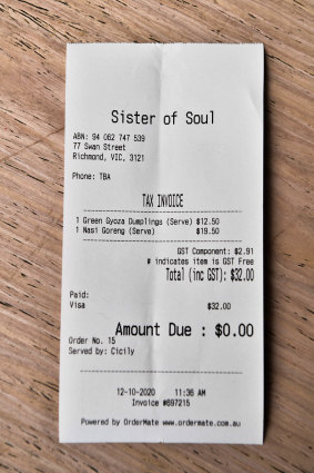 Receipt for lunch with Zoe Foster Blake