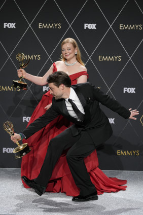 Co-stars Sarah Snook and Kieran Culkin celebrate with their awards in the press room.