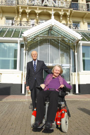 Lord Tebbit and his wife Margaret stand outside the Grand Hotel in Brighton, East Sussex on the 25th anniversary of the bombing of the building by the IRA on October 12, 1984. 