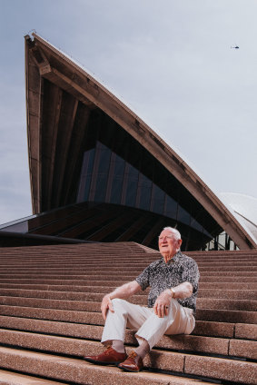 Former carpenter Denis O’Mara, on the steps of the Sydney Opera House, which he helped build.