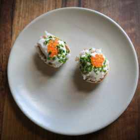 English muffins with spanner crab, buttermilk and salmon roe.
