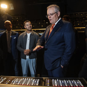 Scott Morrison and Guy Sebastian last year, when the Prime Minister announced an arts rescue package. 