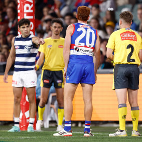 Tyson Stengle lines up his shot for goal after the ball was brought back when the video review awarded him a mark on the goal line.