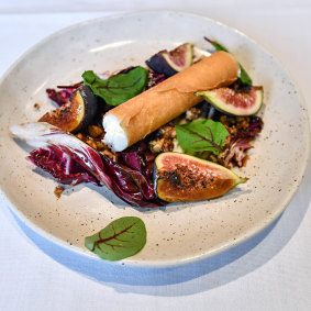 The NGV's Garden Restaurant goat's curd cigars with figs.