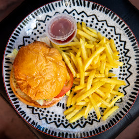 The Stateline burger and chips from Sycamore Meadows.