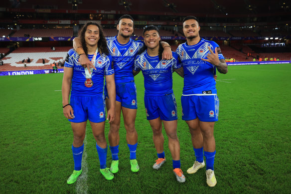 Jarome Luai, Stephen Crichton, Brian To’o and Spencer Leniu playing for Samoa at the 2022 World Cup.