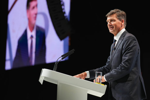 Shadow treasurer Angus Taylor addressing the Alliance for Responsible Citizenship Conference in London.