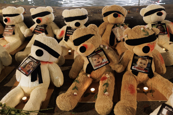 Teddy bears representing missing young children and babies who were believed to be being held hostage by Hamas.