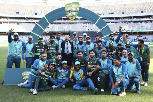 Pakistan players after their series win. 