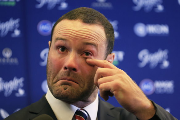 Boyd Cordner gets emotional as he announces his retirement at the SCG.